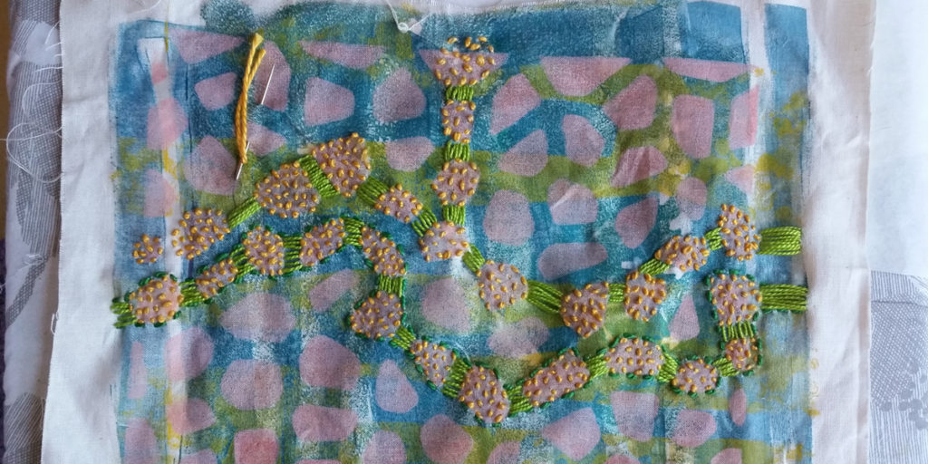 slow stitching over gelatin monoprint