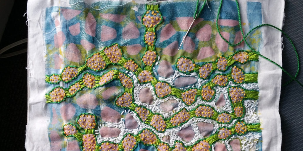 slow stitching over gelatin monoprint